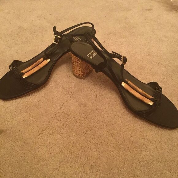 Vtg Rare STUART WEITZMAN Black Leather Strappy Brown BASKET WEAVE Heels Sandals - Picture 2 of 12